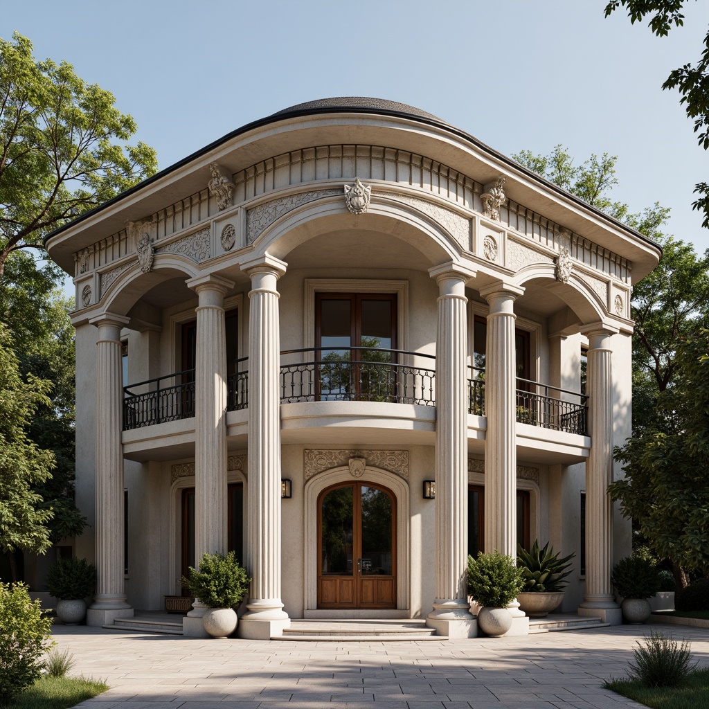 Prompt: Grandiose classical facade, ornate columns, intricately carved details, symmetrical composition, majestic entrance, sweeping arches, rusticated stone walls, elegant balconies, ornamental railings, refined moldings, subtle color palette, soft natural lighting, shallow depth of field, 2/3 composition, realistic textures, ambient occlusion.