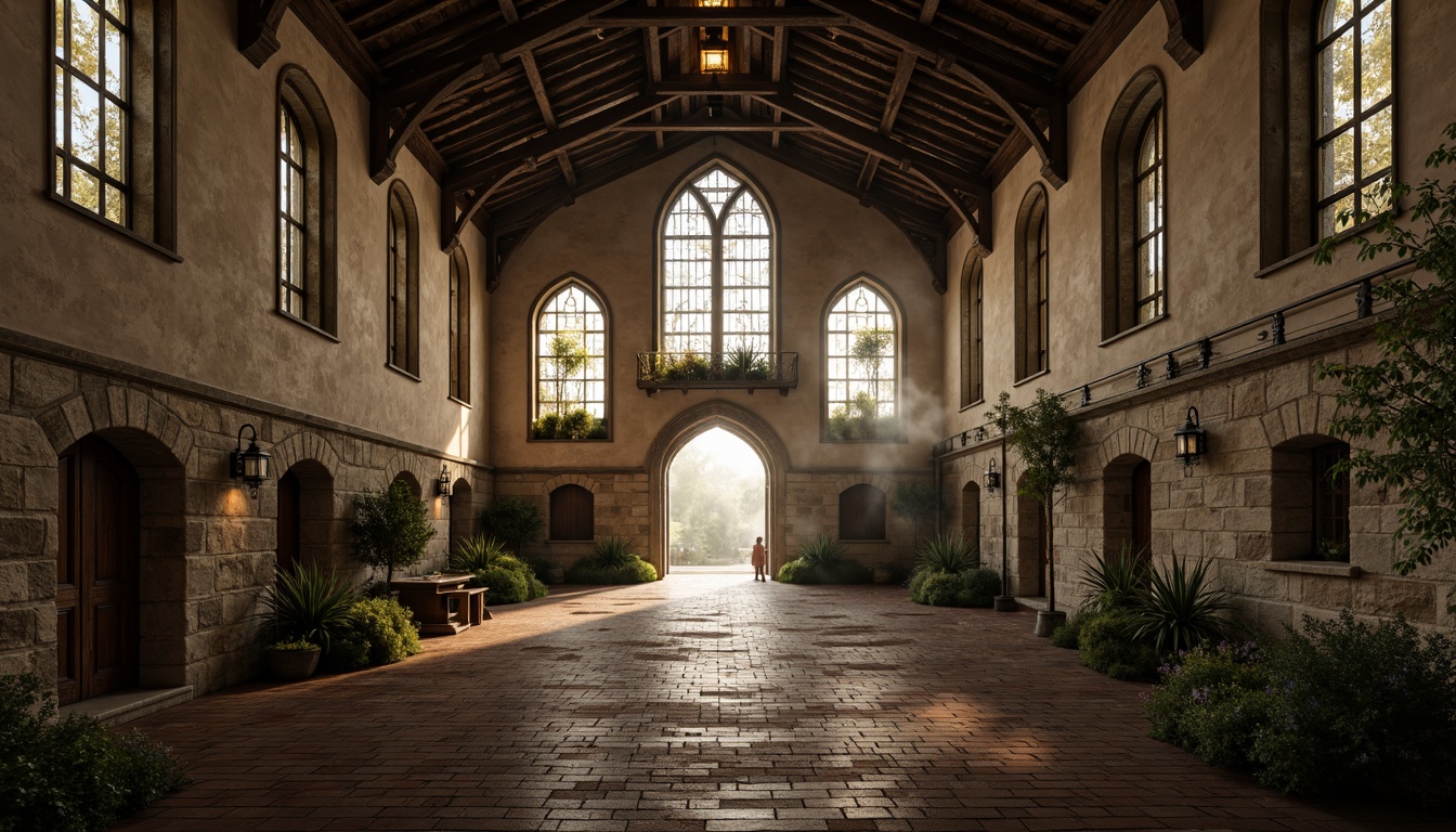 Prompt: Weathered stone walls, rustic monastery architecture, lime-washed facades, distressed wooden accents, ornate metalwork, mystical stained glass windows, vaulted ceilings, grandiose archways, soft warm lighting, atmospheric fog, eerie silence, 1/1 composition, symmetrical framing, muted color palette, earthy tones, moss-covered stones, aged brick textures, subtle gradient effects, cinematic mood, dramatic shadows.