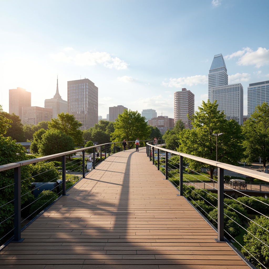 Prompt: Curved pedestrian bridge, sleek metal railings, wooden decking, vibrant greenery, urban skyline, sunny day, soft warm lighting, shallow depth of field, 3/4 composition, panoramic view, realistic textures, ambient occlusion, sustainable materials, recycled steel, low-carbon footprint, energy-harvesting systems, solar panels, wind turbines, rainwater harvesting, green roofs, eco-friendly coatings, innovative drainage solutions, accessible ramps, wide walkways, seating areas, educational signage, modern architecture, futuristic design, fusion of nature and technology.