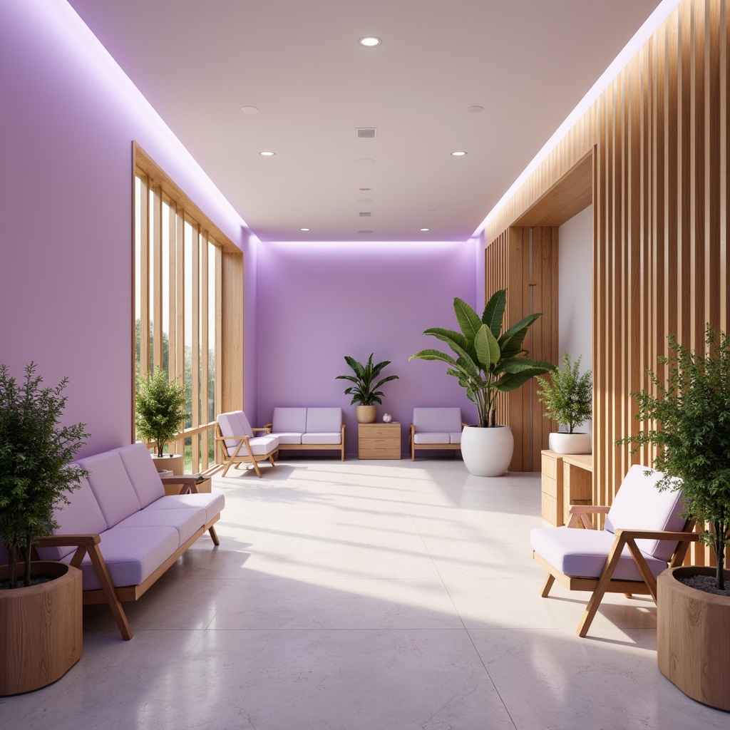 Prompt: Soothing healthcare center, calming orchid hues, pastel purple accents, cream-colored walls, natural wood furnishings, comfortable waiting areas, lush green plants, soft warm lighting, gentle curves, minimalist decor, modern medical equipment, sleek metal fixtures, elegant glass partitions, subtle texture contrasts, shallow depth of field, 1/1 composition, realistic renderings, ambient occlusion.