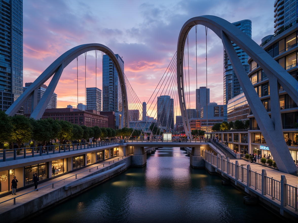 Prompt: Futuristic fusion architecture bridge, curved steel arches, suspended walkways, gleaming glass railings, intricate cable systems, robust concrete piers, dynamic lighting installations, misty atmospheric effects, 1/2 composition, low-angle shot, cinematic mood, vibrant urban surroundings, bustling cityscape, modern skyscrapers, busy streets, neon lights, reflective water surfaces, sunset warm glow, shallow depth of field.