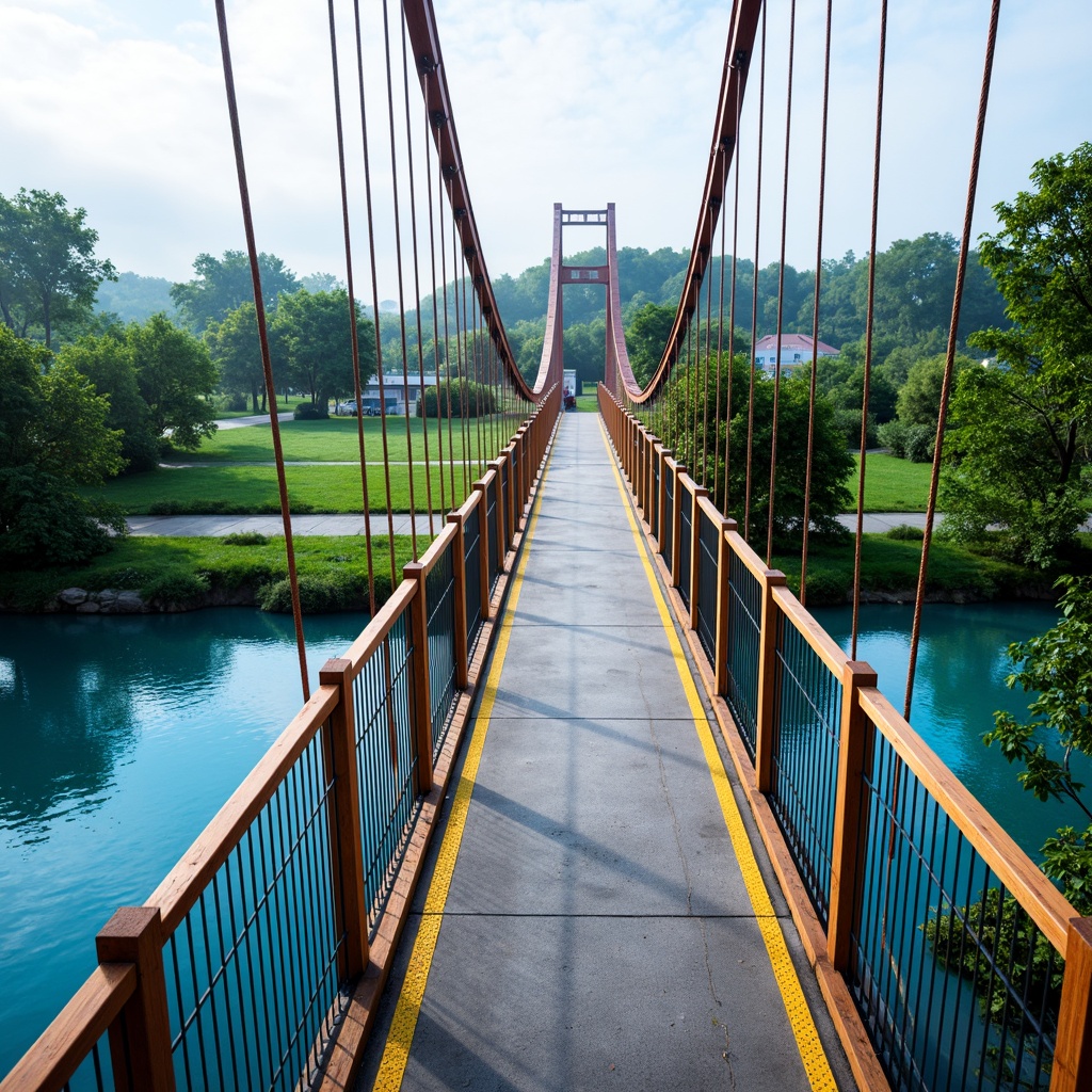 Prompt: Vibrant pedestrian bridge, sleek modern architecture, suspended walkway, steel cable railings, glass floor panels, warm wooden accents, bold primary colors, bright yellow safety lines, calm blue water reflections, lush greenery surroundings, misty morning atmosphere, soft natural lighting, shallow depth of field, 1/2 composition, realistic metallic textures, ambient occlusion.Please let me know if you need any adjustments!