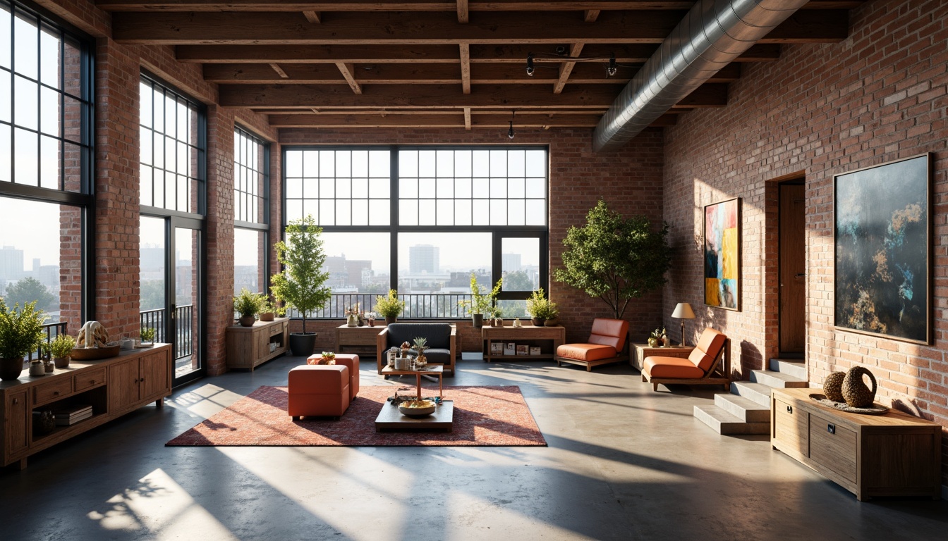 Prompt: Industrial chic loft space, exposed brick walls, metal beams, polished concrete floors, minimalist decor, modern experimental architecture, eclectic furniture pieces, reclaimed wood accents, urban cityscape views, large windows, natural light pouring in, soft warm glow, shallow depth of field, 1/1 composition, realistic textures, ambient occlusion, vibrant color pops, abstract artwork, geometric patterns, innovative storage solutions, open-plan living areas, functional modular units.