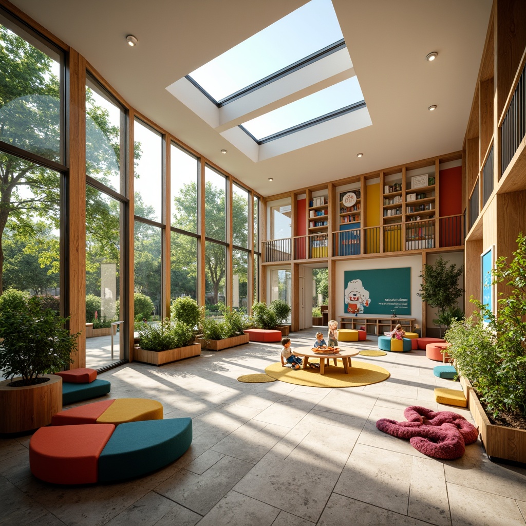 Prompt: Vibrant kindergarten interior, large windows, transparent glass doors, skylights, clerestory windows, natural stone floors, wooden accents, colorful murals, educational posters, playful furniture, soft cushions, rounded edges, cozy reading nooks, flexible learning spaces, collaborative workstations, abundant greenery, potted plants, sunny day, warm gentle lighting, shallow depth of field, 1/1 composition, realistic textures, ambient occlusion.