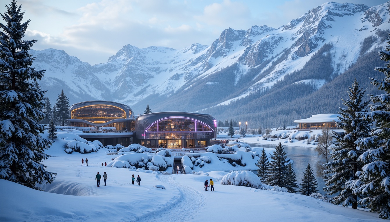 Prompt: Snow-capped mountains, frosty pine trees, icy slopes, modern ski center, fusion architecture, curved glass facades, metallic accents, angular lines, dynamic shapes, LED lighting installations, neon color schemes, futuristic ambiance, high-tech materials, sustainable energy systems, solar panels, wind turbines, snowflake-inspired patterns, icy blue hues, frozen water effects, misty atmosphere, shallow depth of field, 1/1 composition, realistic textures, ambient occlusion.