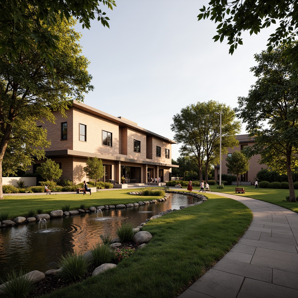 Prompt: Regional bank headquarters, rustic stone fa\u00e7ade, natural earth tones, sprawling lawn, mature tree canopies, meandering walkways, ornamental ponds, fountain features, seasonal flower beds, native plant species, wooden benches, lantern-style lighting, warm golden hour, soft focus, atmospheric perspective, 1/2 composition, symmetrical framing, realistic foliage, ambient Occlusion.