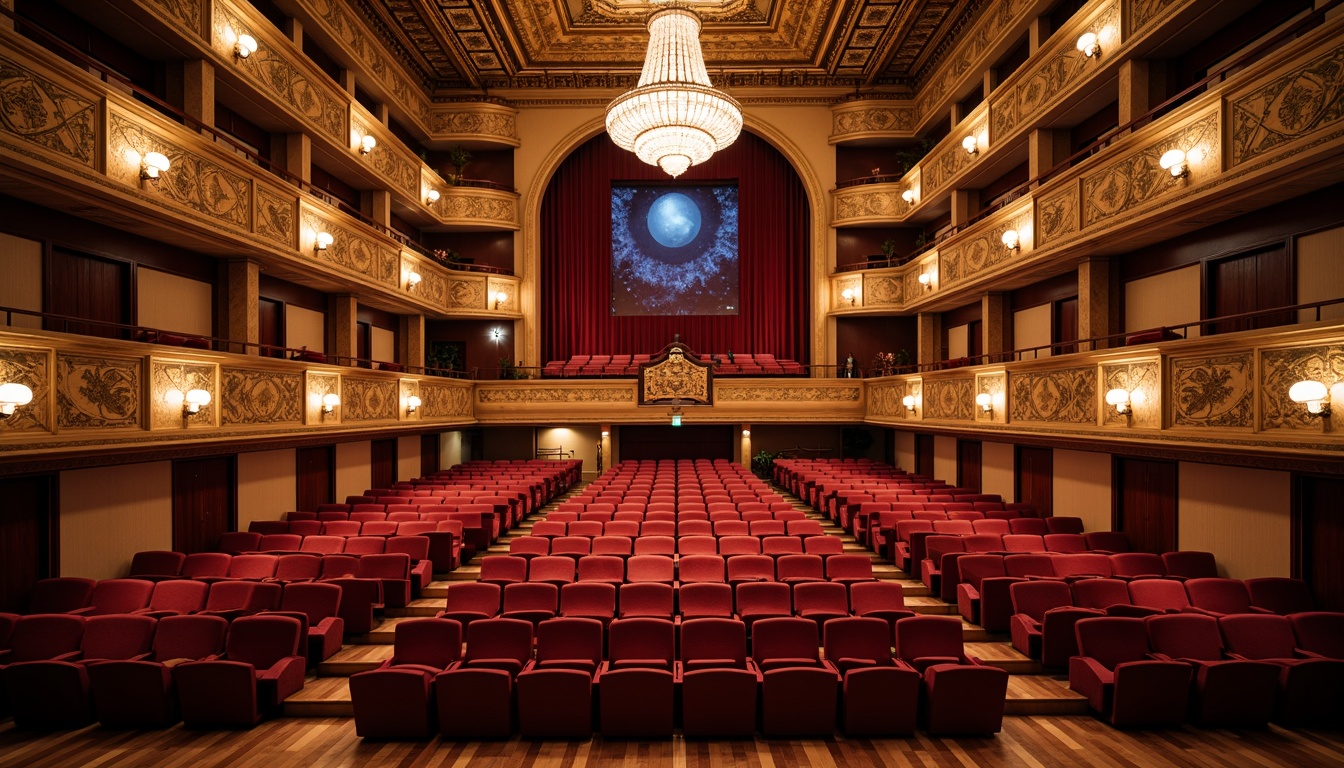 Prompt: Grand auditorium, ornate balconies, plush red velvet seats, polished wooden floors, intricate ceiling patterns, majestic chandeliers, sound-absorbing acoustic panels, resonant cavities, diffusion surfaces, reflective materials, optimal speaker placement, subtle LED lighting, warm ambiance, 1/2 composition, low-angle shot, soft focus, atmospheric rendering, detailed textures.