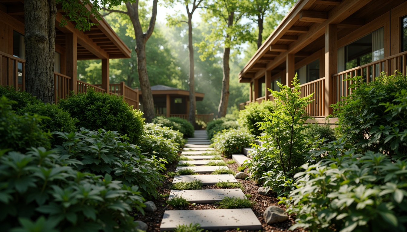 Prompt: Vibrant greenery, lush foliage, calming forest ambiance, natural stone pathways, wooden accents, earthy tones, botanical patterns, organic shapes, soothing atmosphere, warm daylight, soft shadows, shallow depth of field, 1/1 composition, realistic textures, ambient occlusion.