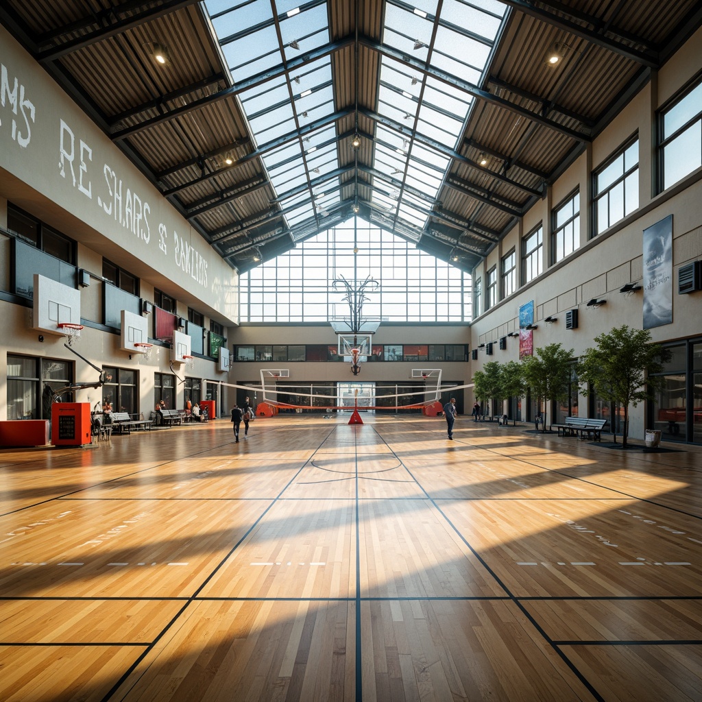 Prompt: Spacious gymnasium interior, high ceilings, natural light pouring in, polished wooden floors, sports equipment, basketball hoops, volleyball nets, athletic tracks, sprinting lanes, motivational quotes, modern architectural design, large windows, glass walls, sleek metal beams, minimalist decor, vibrant color accents, ambient lighting, shallow depth of field, 3/4 composition, panoramic view, realistic textures, soft warm glow, afternoon sunlight, energetic atmosphere.