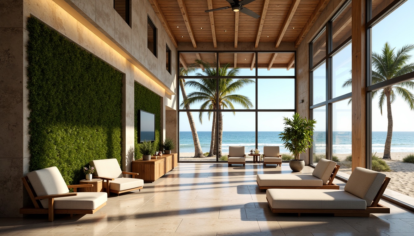 Prompt: Eco-friendly hotel lobby, natural stone flooring, living green walls, recycled wood accents, energy-efficient lighting, solar-powered ceiling fans, organic fabric furnishings, minimalist decor, floor-to-ceiling windows, ocean views, coastal scenery, sandy beach, tropical plants, warm sunny day, soft natural light, shallow depth of field, 3/4 composition, panoramic view, realistic textures, ambient occlusion.