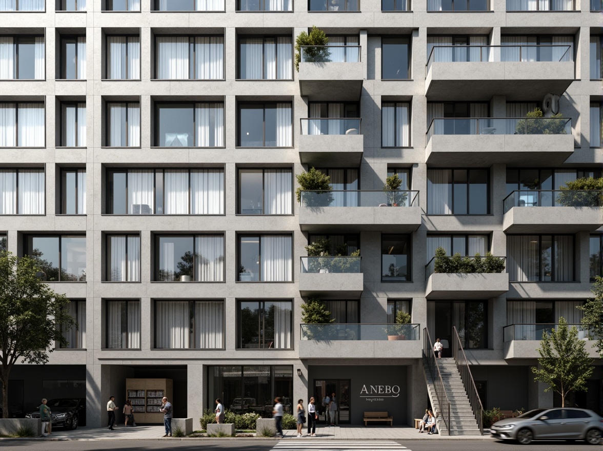 Prompt: Geometric office facade, rectangular windows, industrial steel frames, cantilevered balconies, functional minimalism, monochromatic color scheme, raw concrete textures, asymmetrical composition, urban cityscape, modernist architecture, bold typography, metal railings, minimalist ornamentation, functional simplicity, natural light diffusion, 1/1 composition, high-contrast lighting, dramatic shadows, brutalist influences.