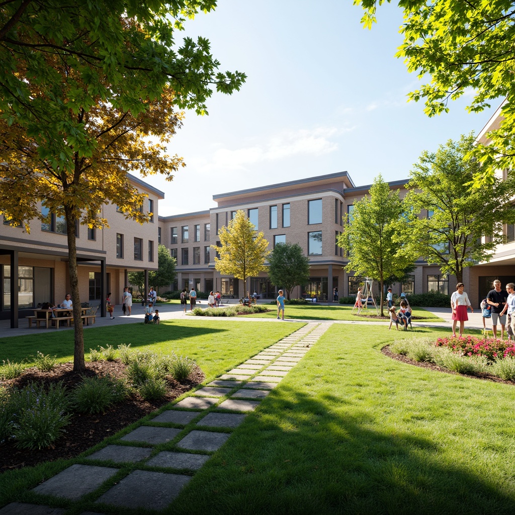 Prompt: Suburban school campus, lush green lawns, vibrant flowerbeds, meandering walkways, shaded picnic areas, playground equipment, climbing frames, swings, educational signs, natural stone walls, modern architecture, large windows, glass doors, blooming trees, sunny day, soft warm lighting, shallow depth of field, 3/4 composition, panoramic view, realistic textures, ambient occlusion, outdoor classrooms, interactive learning spaces, rain gardens, bioswales, native plant species, bird-friendly habitats, community gathering areas, public art installations, sustainable irrigation systems.