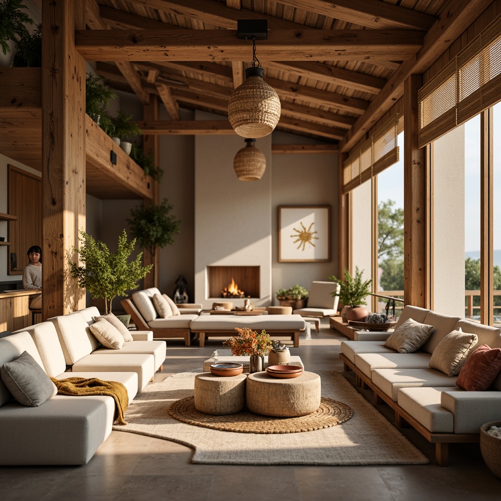 Prompt: Cozy hosting space, warm wooden accents, plush furnishings, soft pastel colors, natural textiles, woven baskets, earthy ceramics, rustic metal decor, comfortable seating areas, intimate ambiance, warm lighting, shallow depth of field, 3/4 composition, realistic textures, ambient occlusion.