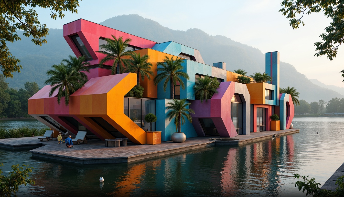 Prompt: Vibrant boathouse, expressionist architecture, irregular shapes, bold colors, dynamic curves, distorted forms, artistic windows, fragmented facades, abstract patterns, metallic materials, reflective surfaces, water-inspired textures, dockside location, serene lake views, surrounding lush greenery, misty morning atmosphere, soft warm lighting, shallow depth of field, 1/1 composition, realistic reflections, ambient occlusion.