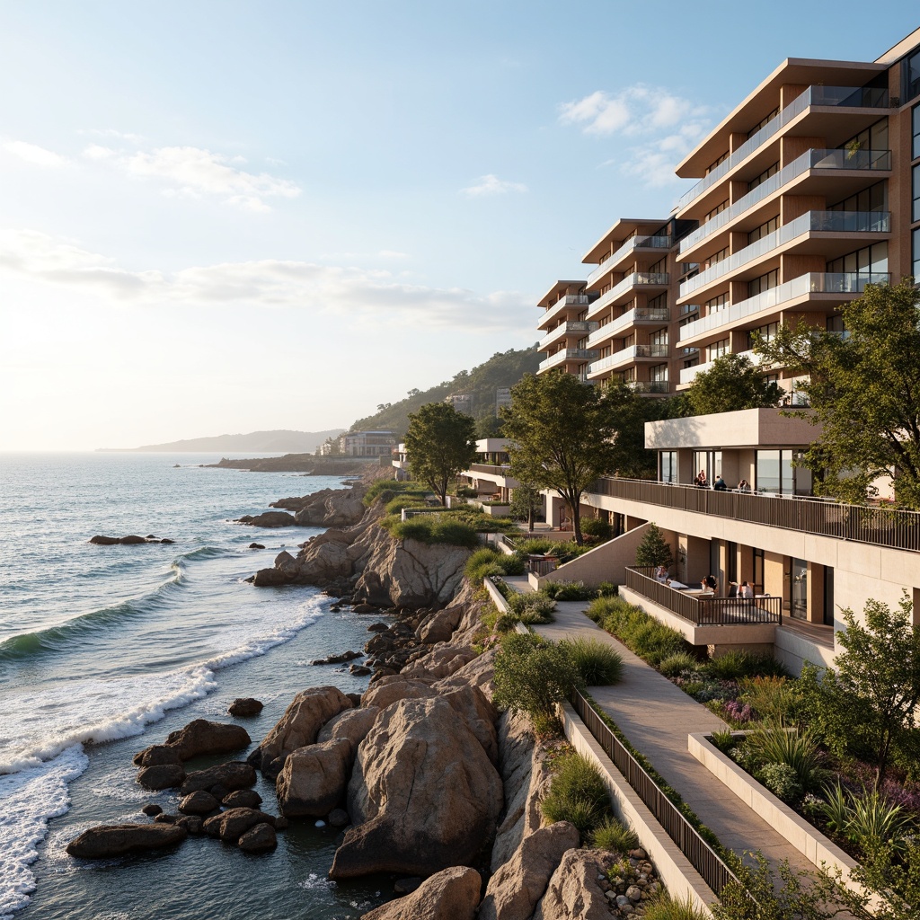 Prompt: Wavy coastal line, rugged cliffside, oceanfront promenade, sailboat-inspired balconies, nautical-themed railings, corrugated metal cladding, iridescent glass facades, undulating rooflines, cantilevered overhangs, marine-grade steel structures, salt-resistant materials, beachy color palette, sunny day with gentle sea breeze, soft warm lighting, shallow depth of field, 1/1 composition, symmetrical framing, realistic water effects, subtle fog atmosphere.