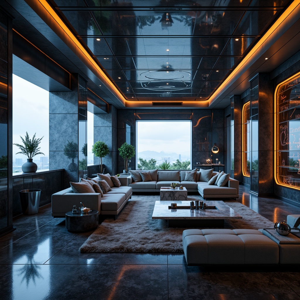 Prompt: Futuristic apartment interior, metallic surfaces, glossy finishes, neon-lit accents, holographic displays, sleek lines, minimalist decor, luxurious fabrics, velvet sofas, marble countertops, glass tables, chrome fixtures, ambient LED lighting, soft focus blur, shallow depth of field, 1/1 composition, cinematic atmosphere, realistic reflections, advanced smart home systems, automated window blinds, voice-controlled interfaces, futuristic gadgets.