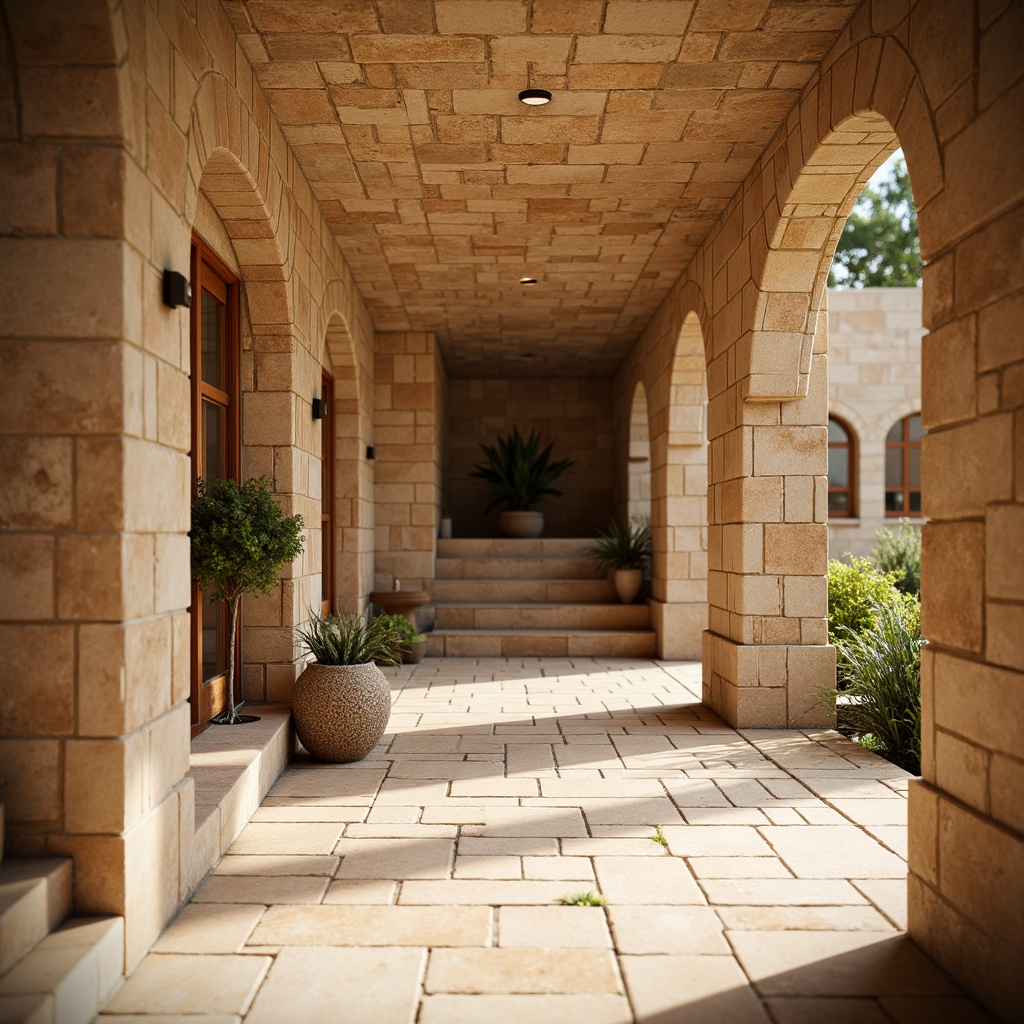 Prompt: Natural sandstone building, earthy tone, coarse texture, rustic charm, warm beige color, durable material, low maintenance, heat resistance, slip-resistant flooring, natural pattern variation, outdoor paving, walkways, garden paths, traditional architecture, historical landmark, ancient structure, weathered appearance, soft warm lighting, shallow depth of field, 3/4 composition, realistic textures, ambient occlusion.