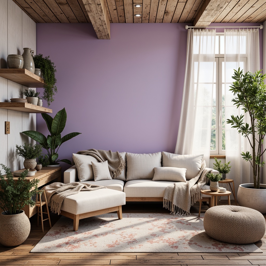 Prompt: Soft lilac hues, pastel purple shades, creamy whites, warm beige tones, rich wood accents, natural textiles, bohemian-inspired patterns, distressed finishes, vintage decorative elements, eclectic furniture pieces, lush greenery, whimsical florals, dreamy lighting, shallow depth of field, 1/1 composition, intimate atmosphere, realistic textures, ambient occlusion.