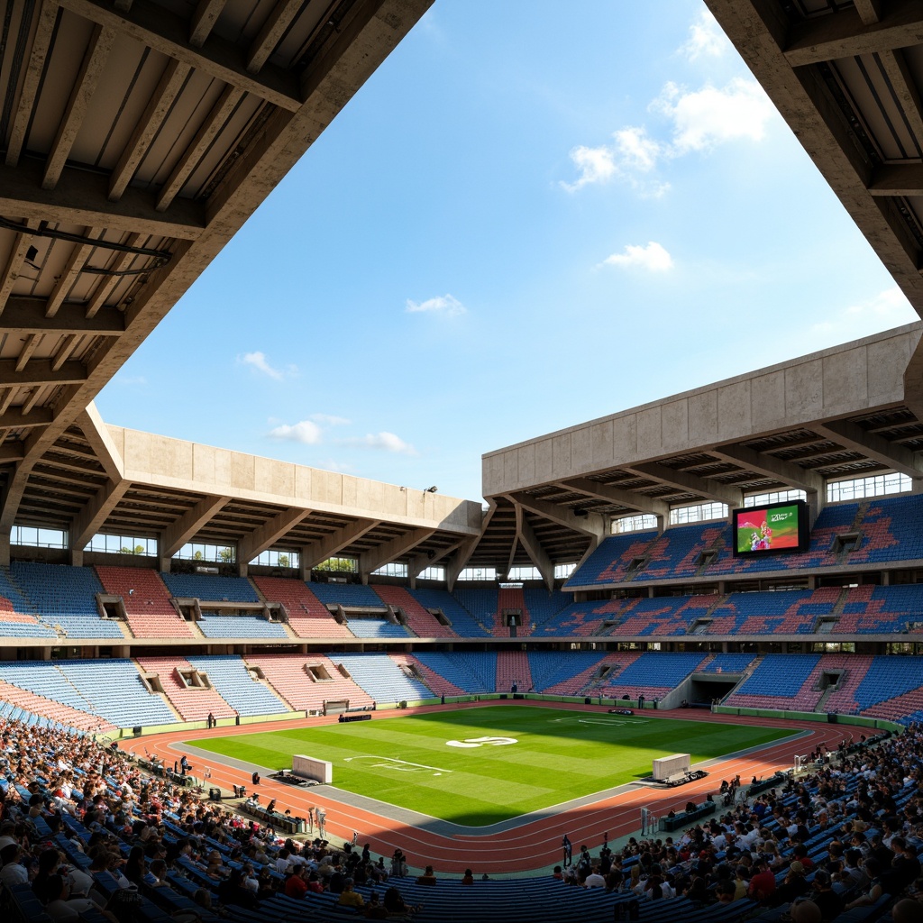 Prompt: Geometric Constructivist stadium, asymmetrical seating arrangement, bold color-blocking, dynamic angular lines, exposed concrete structures, cantilevered tiers, suspended roofs, futuristic lighting systems, LED scoreboards, modern athletic tracks, lush green football fields, sunny day, high-contrast shadows, dramatic spotlighting, 1/1 composition, low-angle shot, realistic textures, ambient occlusion.