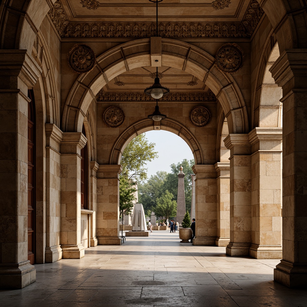 Prompt: Ancient Romanesque arches, ornate carvings, rustic stone walls, grand entranceways, symmetrical compositions, dramatic lighting effects, warm earthy tones, natural textures, intricate moldings, classical architectural styles, historic landmarks, serene atmospheric ambiance, soft diffused light, 1/1 composition, realistic renderings, ambient occlusion.