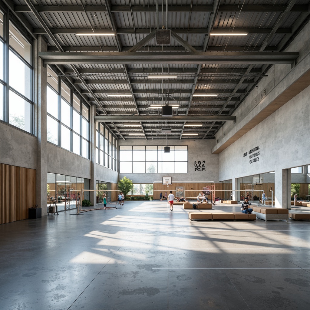 Prompt: Minimalist gymnasium interior, abundance of natural light, floor-to-ceiling windows, polished concrete floors, industrial-style metal beams, sleek modern exercise equipment, mirrored walls, motivational quotes, athletic tracks, basketball hoops, volleyball nets, gymnastic apparatus, wooden accents, subtle color palette, ambient soft lighting, shallow depth of field, 1/2 composition, realistic textures, high ceiling, airy atmosphere, healthy lifestyle.