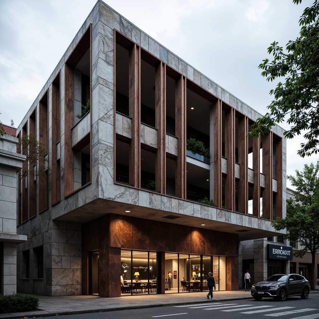 Prompt: Deconstructed bank building, fragmented stone fa\u00e7ade, rough-hewn granite walls, metallic accents, oxidized copper cladding, weathered steel beams, distressed wood panels, fractured glass surfaces, abstract geometric patterns, brutalist concrete structures, industrial chic aesthetic, moody atmospheric lighting, high-contrast shadows, dramatic angular compositions, cinematic wide-angle views, realistic material textures, ambient occlusion.