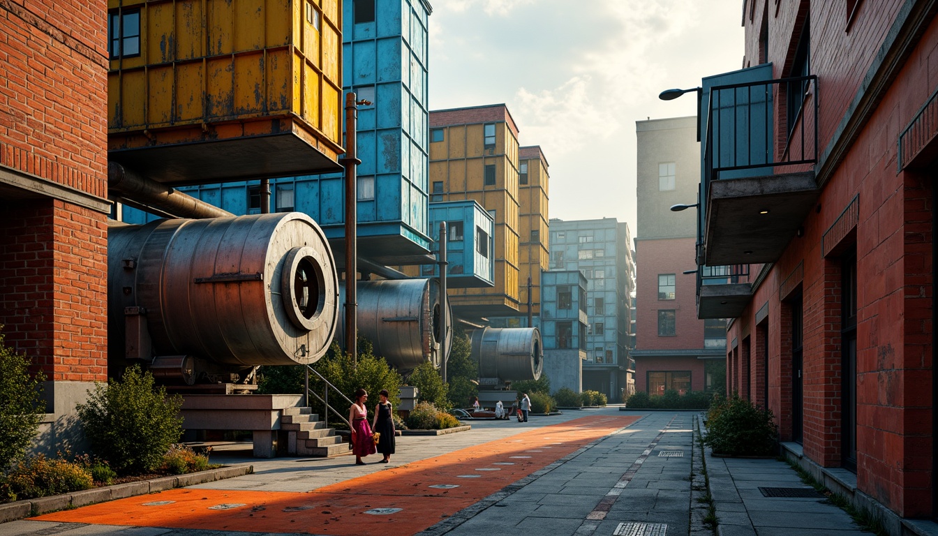 Prompt: Vibrant industrial landscape, exposed brick walls, metallic structures, abstract geometric shapes, bold primary colors, contrasting warm and cool tones, distressed textures, urban decay, atmospheric mist, dramatic low-key lighting, cinematic composition, dynamic diagonal lines, avant-garde architecture, revolutionary spirit, mechanized forms, brutalist influence, utilitarian aesthetic, industrial materials, rough concrete, oxidized metal, worn wood accents, radical art movement inspiration.