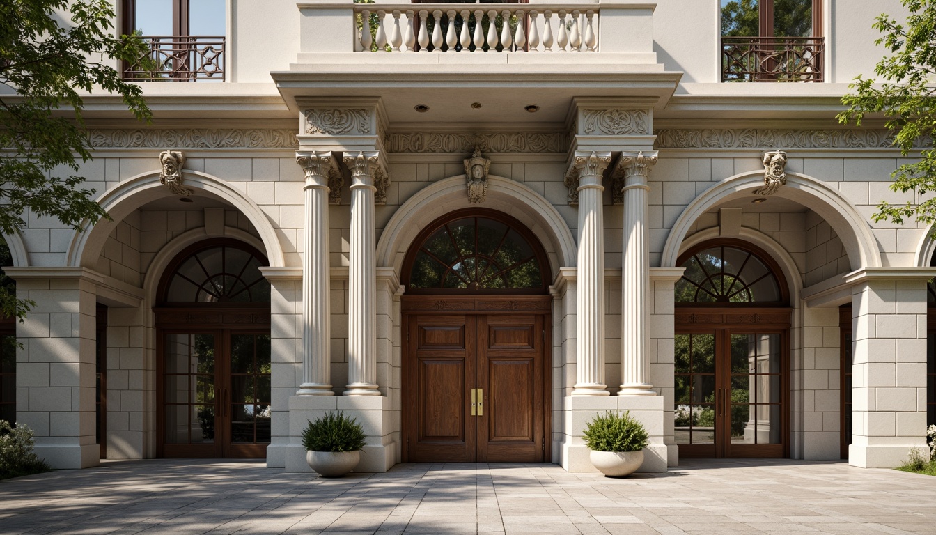 Prompt: Grandiose classical facade, ornate columns, intricately carved details, symmetrical composition, majestic entrance, sweeping arches, rusticated stone walls, elegant balconies, ornamental railings, refined moldings, subtle color palette, soft natural lighting, shallow depth of field, 2/3 composition, realistic textures, ambient occlusion.