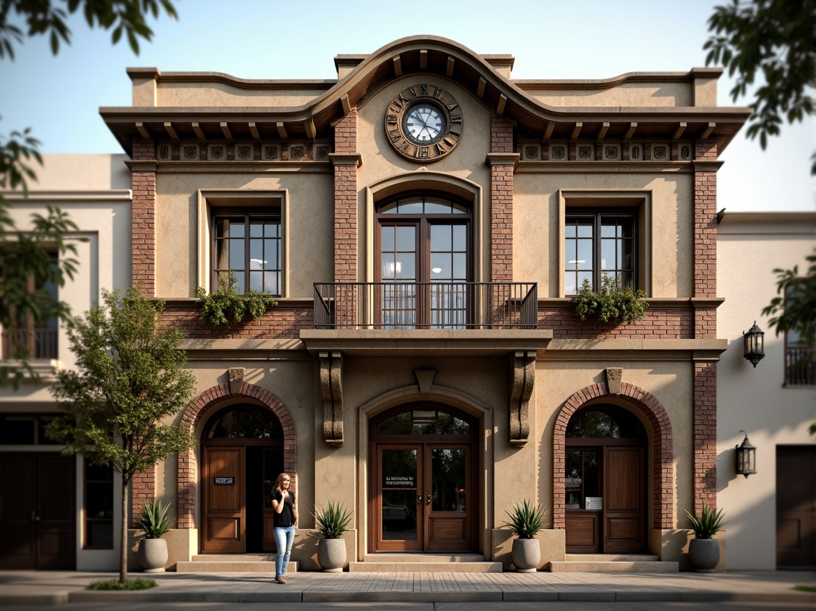 Prompt: Rustic regional bank building, earthy tones, natural stone fa\u00e7ade, wooden accents, ornate metalwork, intricate brick patterns, classic clock tower, grand entrance arches, decorative cornices, limestone columns, vintage lanterns, warm soft lighting, shallow depth of field, 3/4 composition, symmetrical view, realistic textures, ambient occlusion.