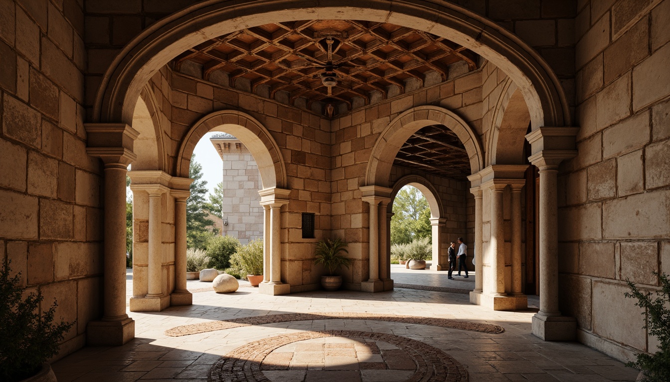 Prompt: Ancient Romanesque arches, ornate carvings, rustic stone walls, grand entranceways, symmetrical compositions, dramatic lighting effects, warm earthy tones, natural textures, intricate moldings, classical architectural styles, historic landmarks, serene atmospheric ambiance, soft diffused light, 1/1 composition, realistic renderings, ambient occlusion.