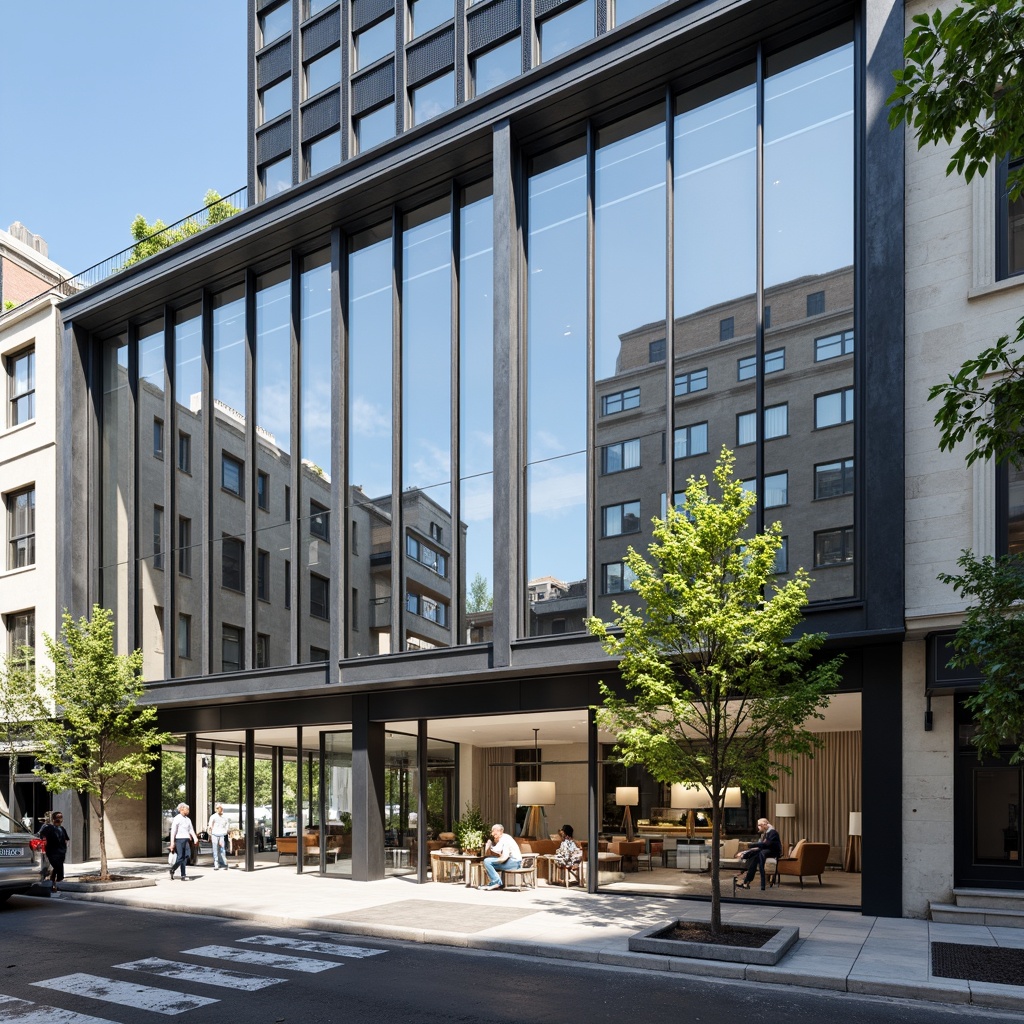 Prompt: Modernist building facade, large windows, sleek glass surfaces, minimalist frames, urban cityscape, busy streets, concrete sidewalks, steel beams, open floor plans, functional interior design, industrial materials, neutral color palette, natural light flooding, airy atmosphere, shallow depth of field, 1/1 composition, high-angle shot, realistic reflections, ambient occlusion.