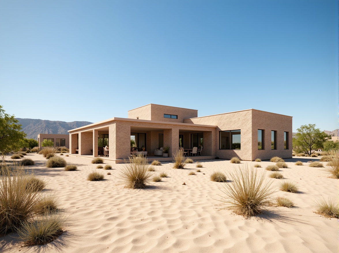 Prompt: Desert landscape, sandy dunes, cactus plants, hot sunny day, clear blue sky, vast open space, modern desert architecture, durable cladding materials, weather-resistant finishes, thermal insulation, low-maintenance surfaces, rust-resistant metals, fiber-reinforced polymers, ceramic tiles, reflective coatings, UV protection, wind-resistant design, natural ventilation systems, evaporative cooling technologies, earthy color palette, textured patterns, organic shapes.