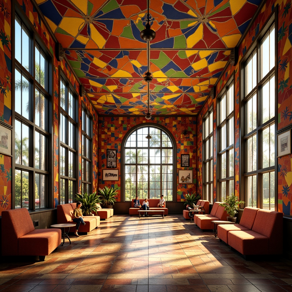 Prompt: Vibrant student hall, expressionist architecture, colored glass fa\u00e7ade, irregular shapes, abstract patterns, bold color palette, dynamic lighting effects, stained glass windows, ornate metal frames, intricate mosaics, eclectic furniture, playful textiles, whimsical sculptures, lively atmosphere, warm golden lighting, shallow depth of field, 1/1 composition, close-up shot, realistic reflections, ambient occlusion.