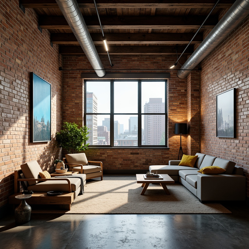 Prompt: Industrial chic loft, exposed brick walls, polished concrete floors, reclaimed wood accents, metal beams, urban skyline views, natural light pouring in, neutral color palette, warm beige tones, rich brown textures, deep blue undertones, bold yellow highlights, eclectic art pieces, modern minimalist furniture, sleek low-profile lighting, 3/4 composition, high contrast ratio, dramatic shadows, cinematic ambiance.