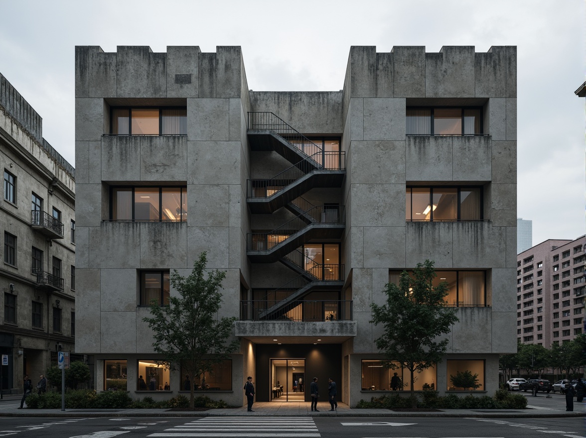 Prompt: Raw concrete walls, brutalist architecture, dramatic fortress-like structure, bold geometric shapes, rugged textures, industrial materials, exposed ductwork, minimalist ornamentation, functional simplicity, urban cityscape, gloomy overcast sky, harsh dramatic lighting, low-key color palette, rough-hewn stone accents, metallic grids, reinforced steel beams, angular balconies, cantilevered staircases, fortress-like entrance, imposing scale, monumental presence.