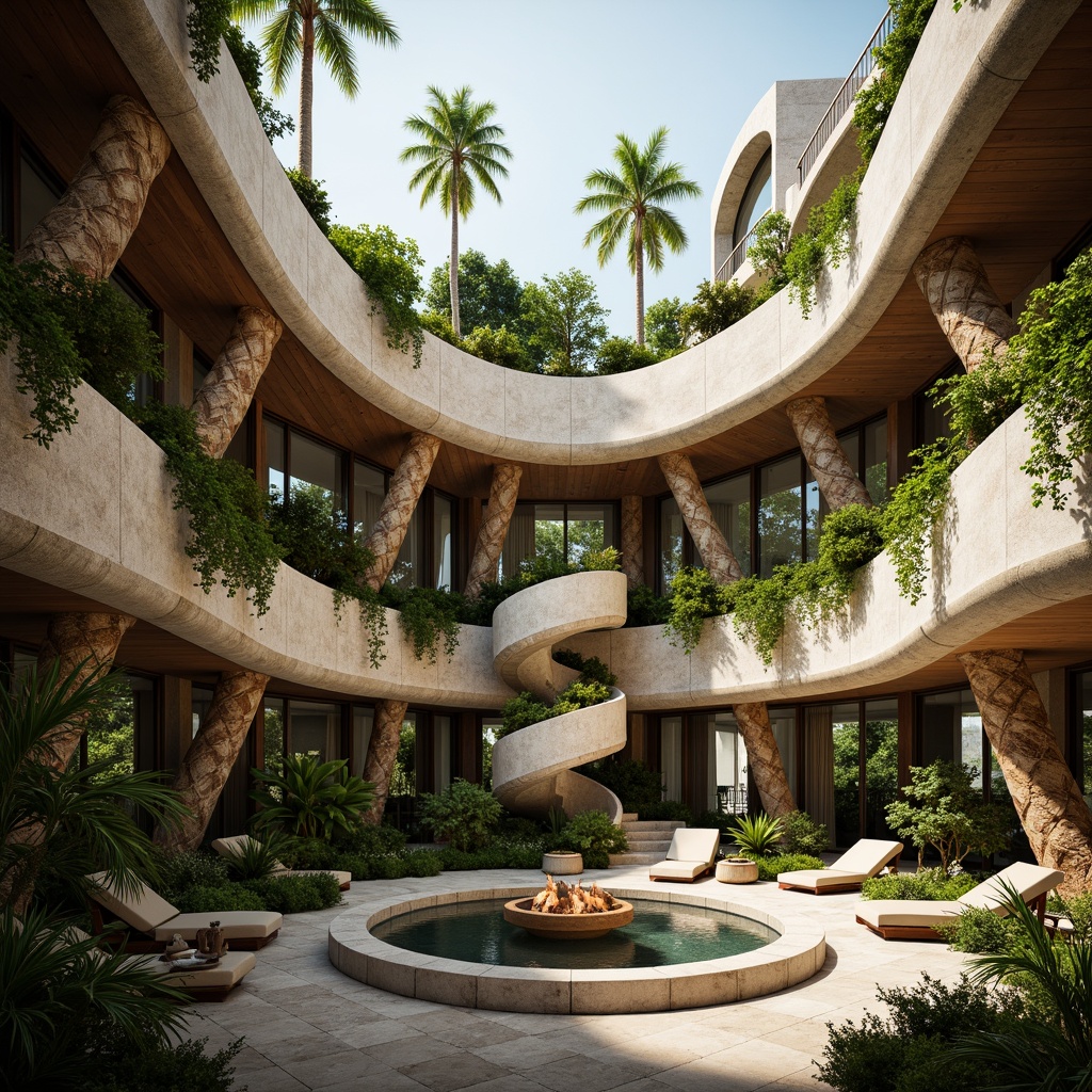 Prompt: Undulating curves, natural stone fa\u00e7ades, verdant roofs, twisted tree-like columns, sinuous staircases, earthy color palette, sustainable materials, reclaimed wood accents, living walls, lush greenery, organic forms, biomimicry-inspired design, soft diffused lighting, warm neutral tones, cozy intimate spaces, curved lines, wavy patterns, natural textures, earthy aromas, serene ambiance, shallow depth of field, 1/1 composition, realistic rendering.