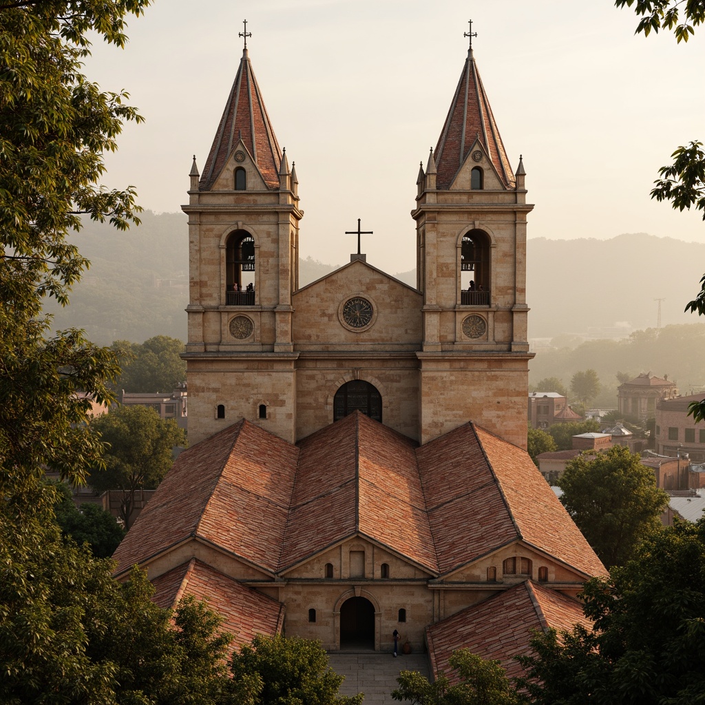 Prompt: Romanesque church, terracotta rooftops, curved arches, ornate stone carvings, grand bell towers, rustic clay tiles, medieval-inspired design, intricate stonework patterns, weathered bronze details, lush greenery, misty morning atmosphere, warm golden lighting, shallow depth of field, 1/1 composition, symmetrical framing, realistic textures, ambient occlusion.