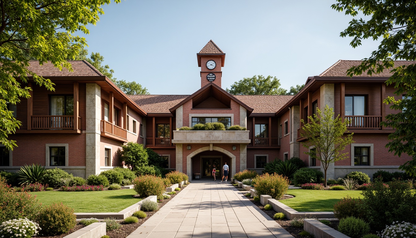 Prompt: Rustic high school facade, regionalist architecture style, earthy tone brick walls, sloping roofs, wooden accents, ornate stone carvings, vintage signage, lush greenery, blooming flowers, natural stone pathways, decorative metal railings, traditional clock tower, warm sunny day, soft diffused lighting, shallow depth of field, 1/2 composition, realistic textures, ambient occlusion.