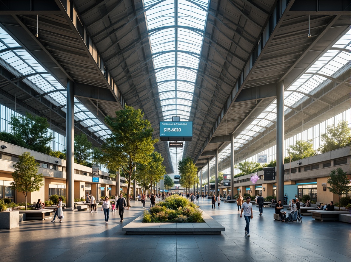 Prompt: Vibrant transportation hub, modern architecture, curved lines, stainless steel structures, glass canopies, polished concrete floors, LED lighting systems, digital signage, comfortable seating areas, green roofs, eco-friendly materials, sustainable energy solutions, natural ventilation systems, airy open spaces, dynamic crowd simulation, 1/1 composition, shallow depth of field, soft warm lighting.