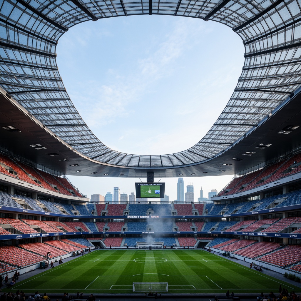 Prompt: Futuristic soccer stadium, sleek curved lines, translucent roofs, iridescent exterior cladding, high-strength steel beams, durable polycarbonate walls, eco-friendly recycled rubber flooring, shock-absorbing turf, advanced LED lighting systems, dynamic crowd seating, cantilevered upper decks, panoramic city views, atmospheric misting systems, vibrant team color schemes, modernist architecture, sustainable building materials, energy-harvesting fa\u00e7ades, parametric design elements, intricate structural patterns.