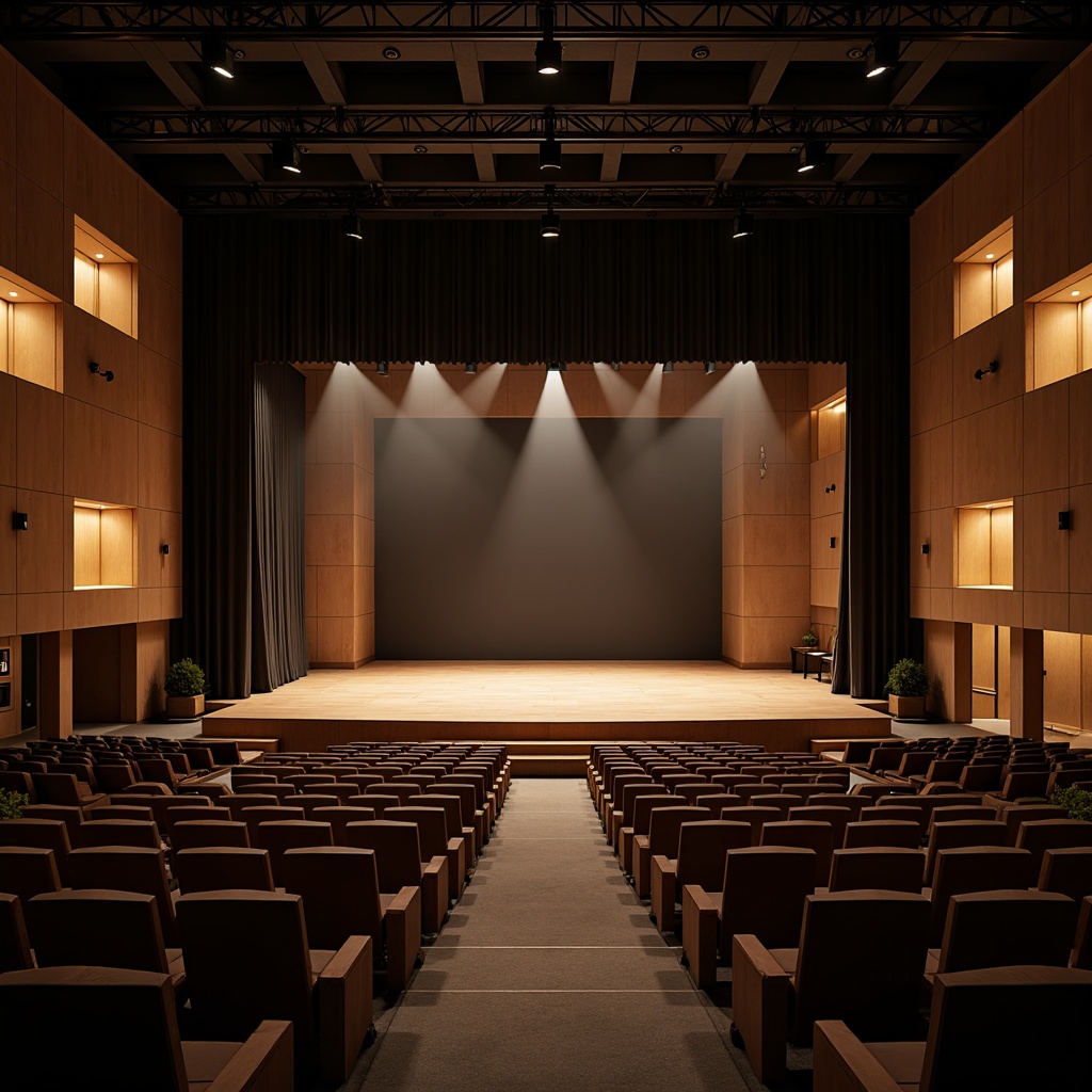 Prompt: Modern auditorium interior, sleek lines, minimalist design, high ceilings, vast open space, professional stage lighting, LED spotlights, soft warm glow, subtle color temperature, dramatic shadows, audience seating, comfortable chairs, wooden or metal frames, upholstered cushions, aisle lighting, floor lamps, wall sconces, ceiling fixtures, acoustic panels, soundproofing materials, premium finishes, luxurious textiles, intricate architectural details, 3/4 composition, shallow depth of field, realistic textures, ambient occlusion.