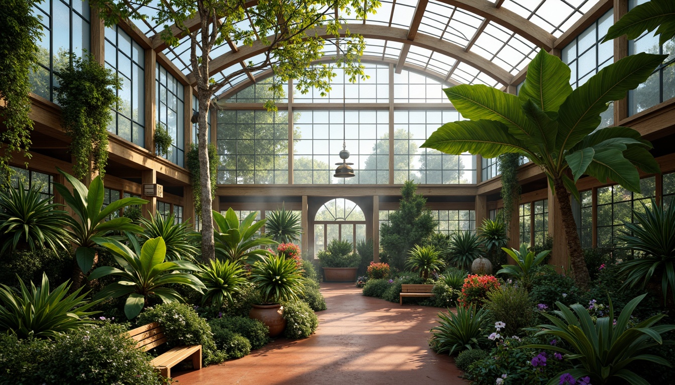 Prompt: Vibrant greenhouse, lush tropical plants, misty atmosphere, warm natural lighting, soft diffused shadows, curved organic lines, expressionist architecture, bold colorful accents, irregular shapes, textured glass surfaces, wooden trellises, climbing vines, exotic flowers, humid climate, morning dew, gentle breeze, shallow depth of field, 1/1 composition, realistic textures, ambient occlusion.