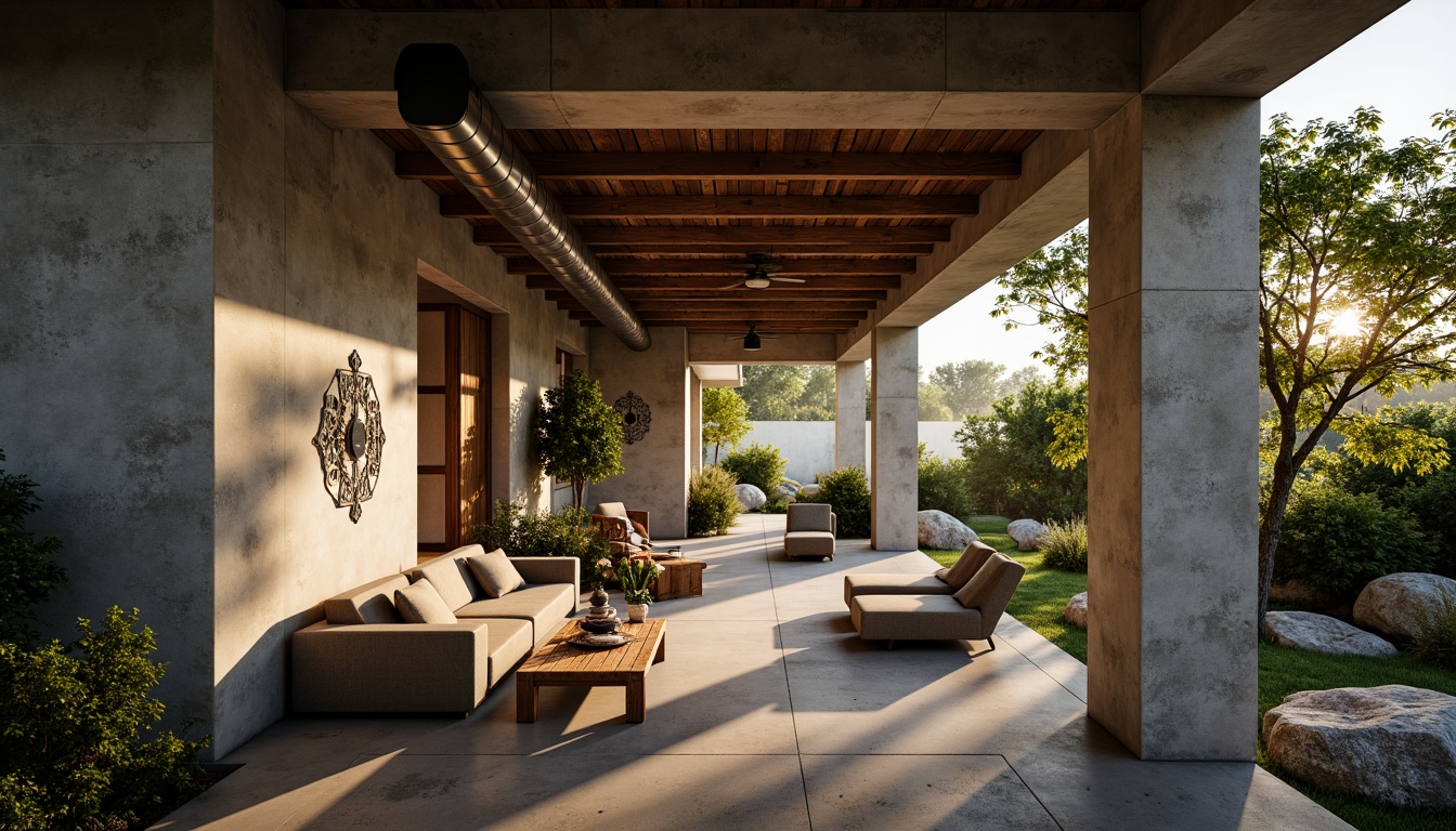 Prompt: Rugged villa, brutalist architecture, raw concrete walls, exposed ductwork, industrial metal beams, reclaimed wood accents, natural stone flooring, rough-hewn boulders, overgrown vegetation, misty atmosphere, warm golden lighting, shallow depth of field, 1/2 composition, dramatic shadows, high-contrast textures, ambient occlusion.