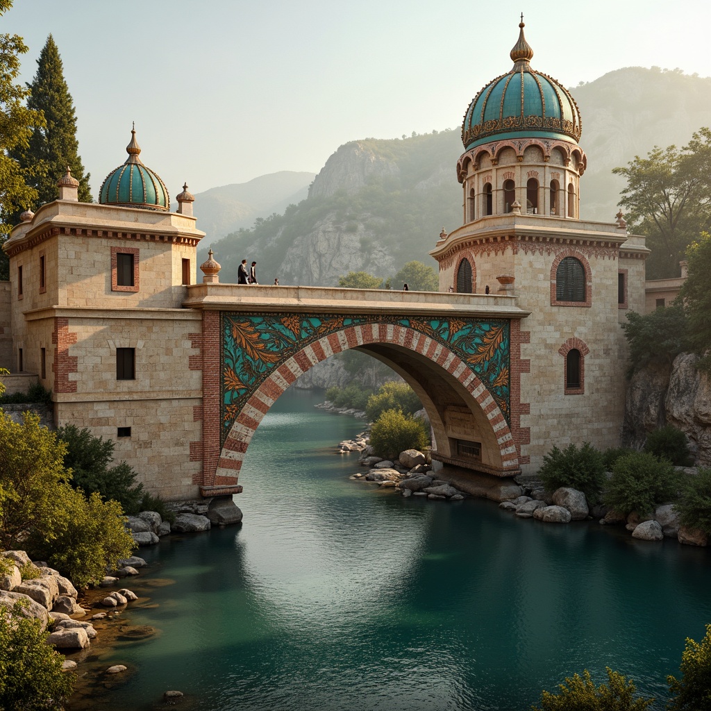 Prompt: Ancient stone bridges, ornate arches, golden domes, intricate mosaics, warm beige stonework, rustic brick textures, rich turquoise accents, deep crimson hues, weathered copper details, majestic river crossings, serene water reflections, misty morning atmosphere, soft diffused lighting, 1/2 composition, atmospheric perspective, realistic stone normal maps.