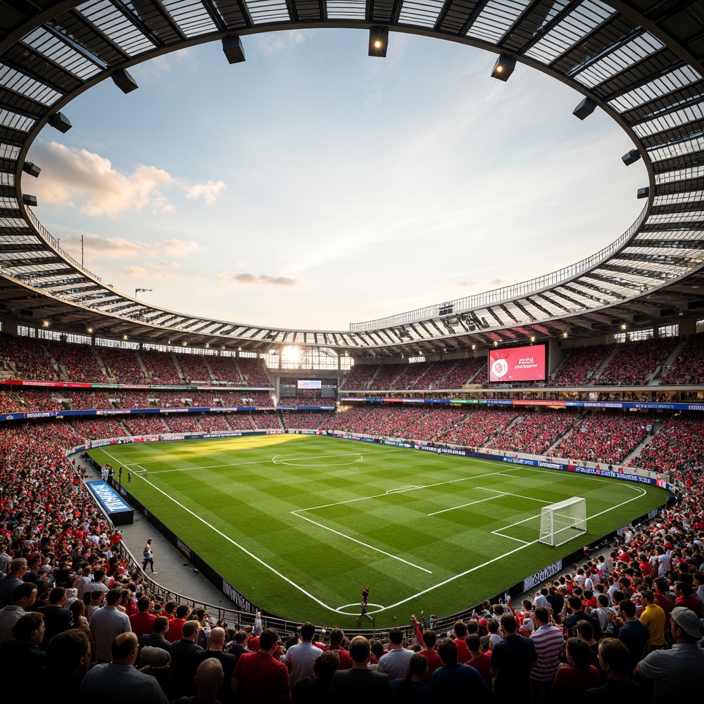 Prompt: Vibrant soccer stadium, dynamic seating areas, bold team color schemes, energetic crowd atmosphere, modern architectural design, sleek curved lines, transparent roofs, natural light illumination, lush green grass fields, goal nets, scoreboard displays, floodlighting effects, warm golden hour lighting, shallow depth of field, 2/3 composition, symmetrical view, realistic textures, ambient occlusion.