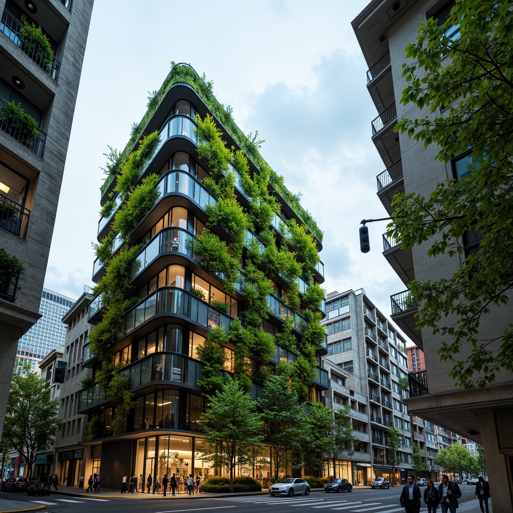 Prompt: Vibrant green walls, living facade systems, lush vegetation, solar panels, wind turbines, rainwater harvesting systems, recycled materials, low-carbon concrete, insulated glazing, double-skin facades, biomimicry-inspired designs, natural ventilation strategies, passive shading devices, optimized building orientations, urban agriculture integration, eco-friendly coatings, self-healing materials, kinetic fa\u00e7ade components, responsive architectural surfaces, futuristic aesthetic, 1/1 composition, high-contrast lighting, detailed textures, ambient occlusion.