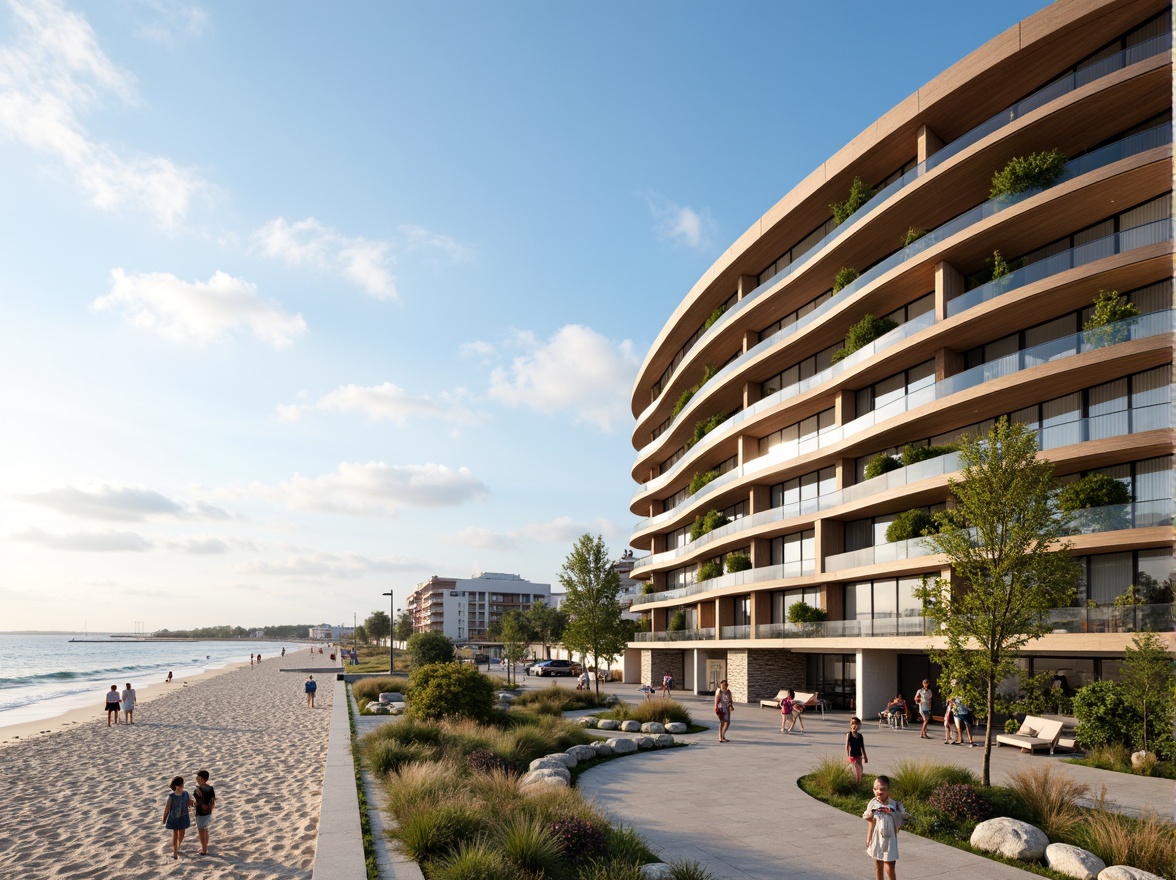 Prompt: Sandy beach, gentle waves, ocean breeze, seaside promenade, modern coastal architecture, curved lines, nautical theme, marine-inspired colors, weathered wood textures, glass railings, ocean-facing balconies, natural ventilation systems, green roofs, solar panels, tidal energy harvesting, wave-resistant structures, driftwood accents, sea-salt air, warm sunlight, soft focus, 1/1 composition, atmospheric perspective.