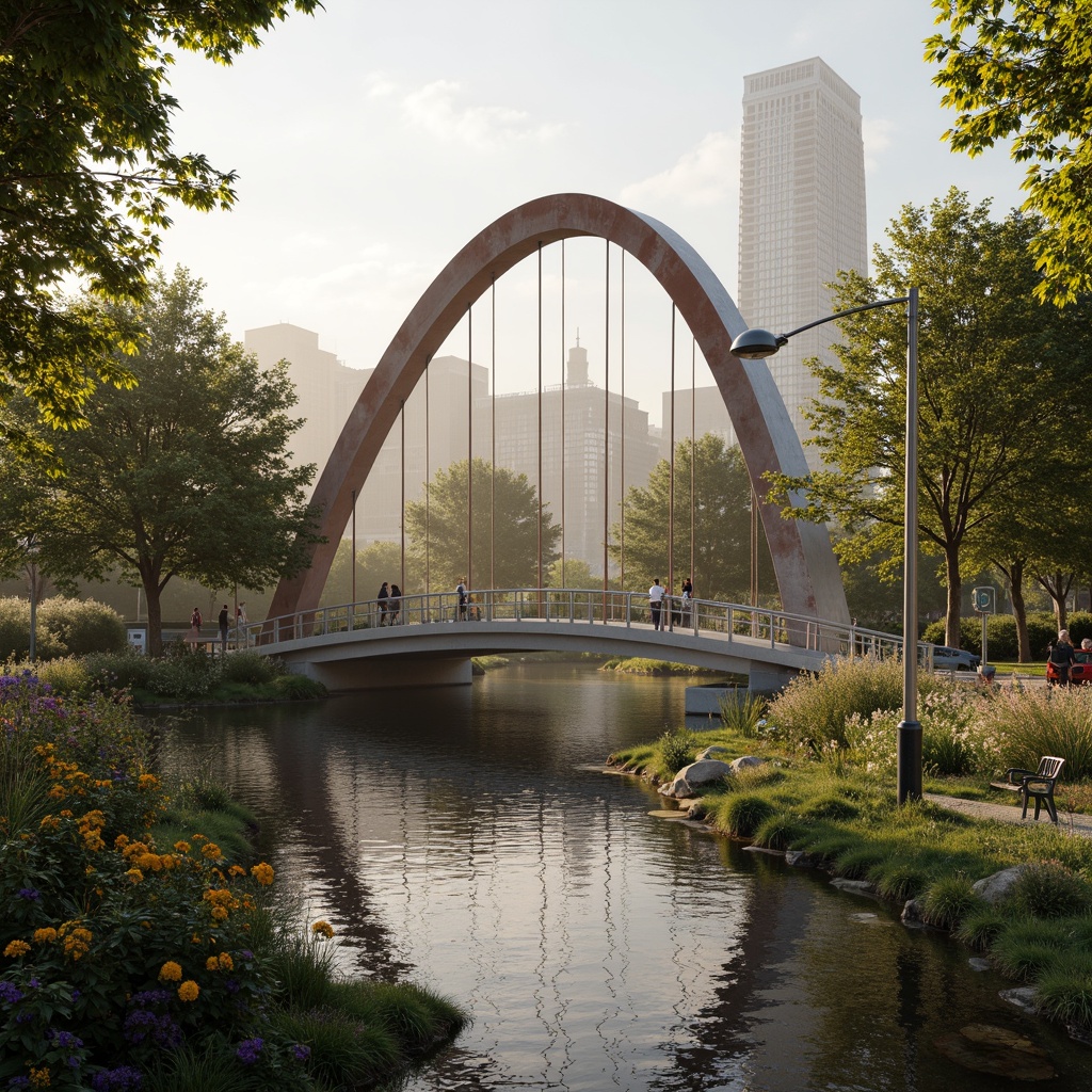 Prompt: Curved bridge silhouette, modern steel arches, rust-colored accents, lush greenery surroundings, vibrant floral arrangements, gentle water flow, serene lake reflections, misty morning atmosphere, soft warm lighting, shallow depth of field, 3/4 composition, panoramic view, realistic textures, ambient occlusion, urban park settings, walking paths, benches, streetlights, cityscape backgrounds.