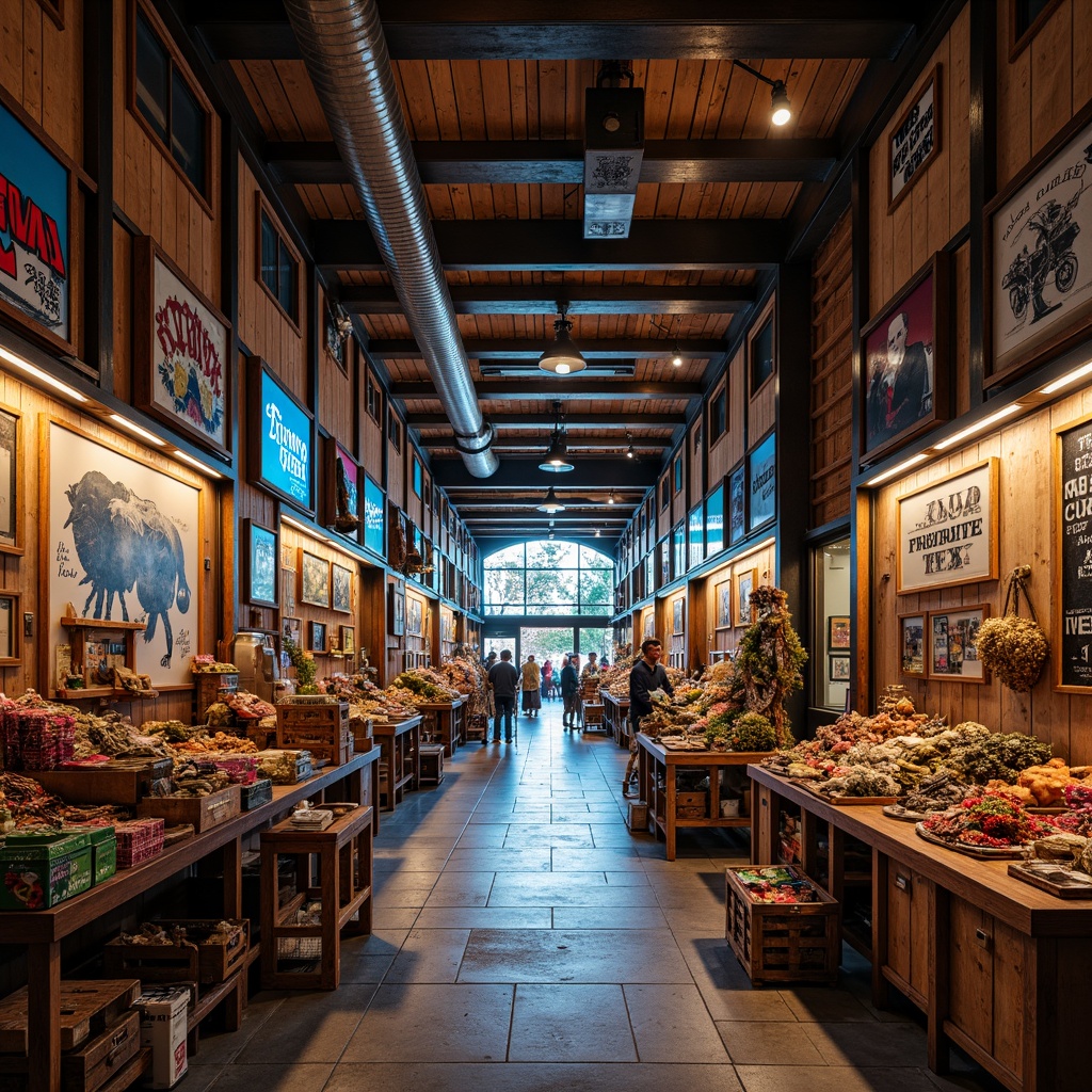 Prompt: Vibrant market atmosphere, experimental architecture, industrial metal beams, rough concrete walls, reclaimed wood accents, exposed ductwork, neon signs, street art murals, eclectic vendor stalls, rustic wooden crates, woven baskets, colorful textiles, natural stone flooring, modern LED lighting, shallow depth of field, 1/1 composition, panoramic view, realistic reflections, ambient occlusion.