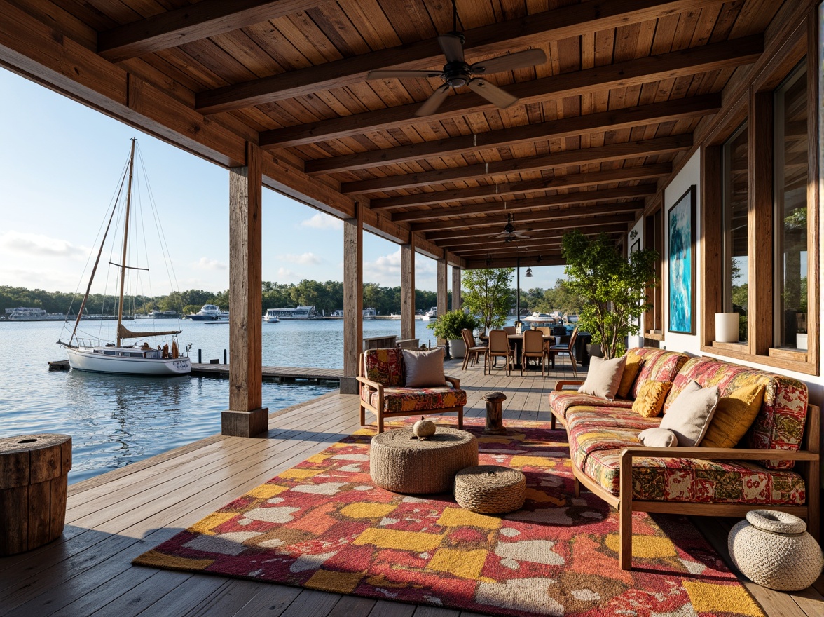 Prompt: Waterfront location, wooden dock, sailboats, serene lake views, rustic boathouse, expressionist architecture, vibrant color palette, bold brushstroke patterns, eclectic nautical decor, distressed wood accents, plush throw blankets, cozy reading nooks, floor-to-ceiling windows, natural light flooding, warm soft lighting, shallow depth of field, 1/1 composition, realistic textures, ambient occlusion.